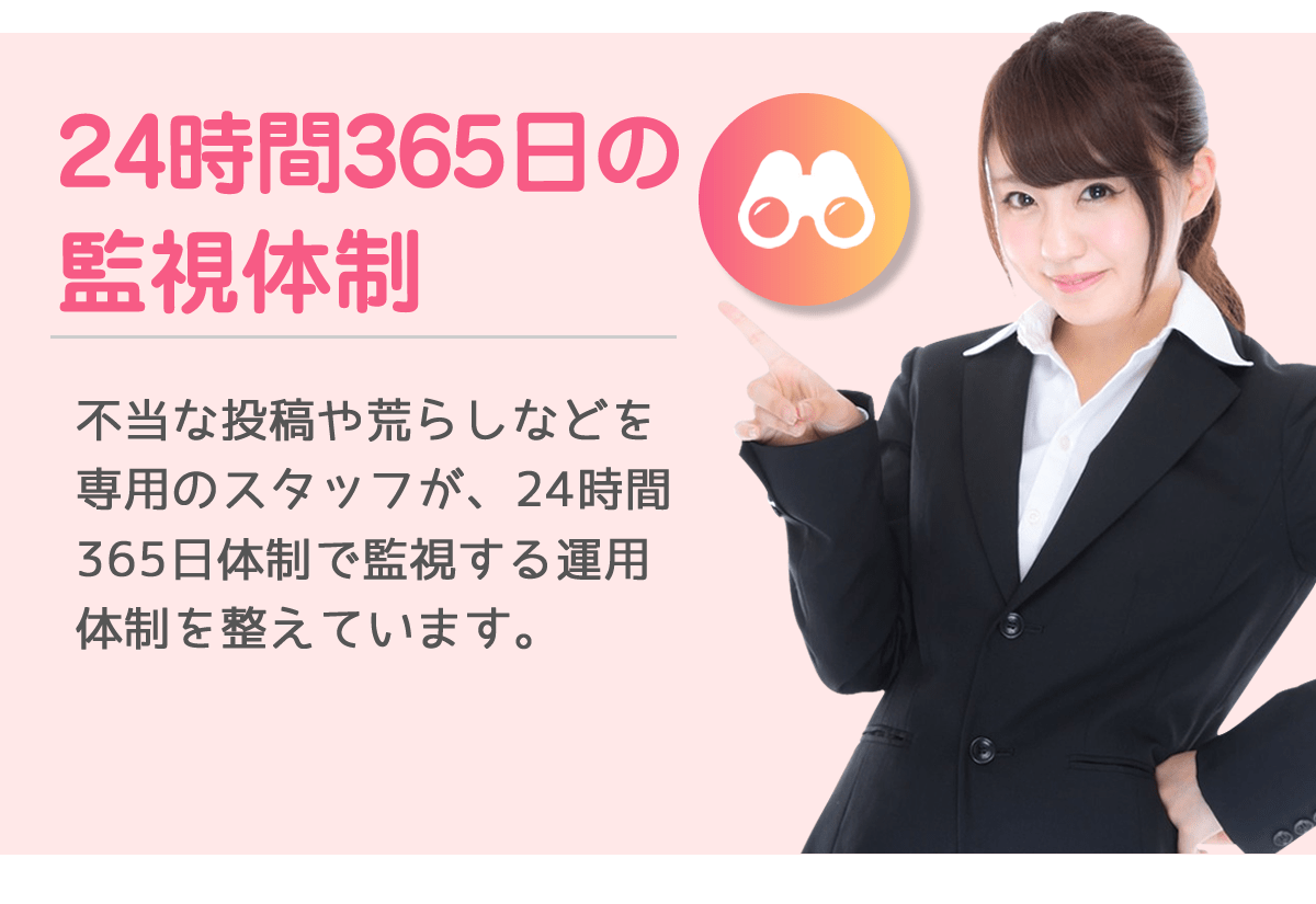 24時間365日の監視体制-不当な投稿や荒らしなどを、専用のスタッフが24時間365日体制で監視する運営体制を整えています。